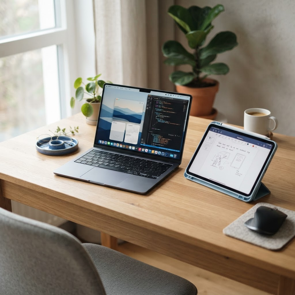 Moderner Laptop und Tablet mit Eingabestift auf einem Schreibtisch